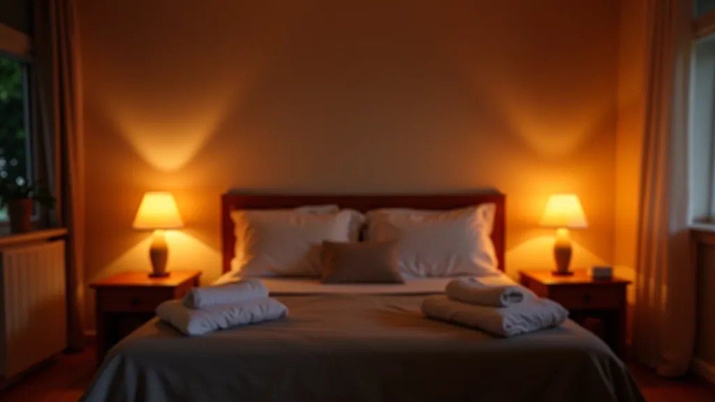 Bedroom with multiple light sources including table lamps, wall sconces, and pendant lights creating warm ambient glow