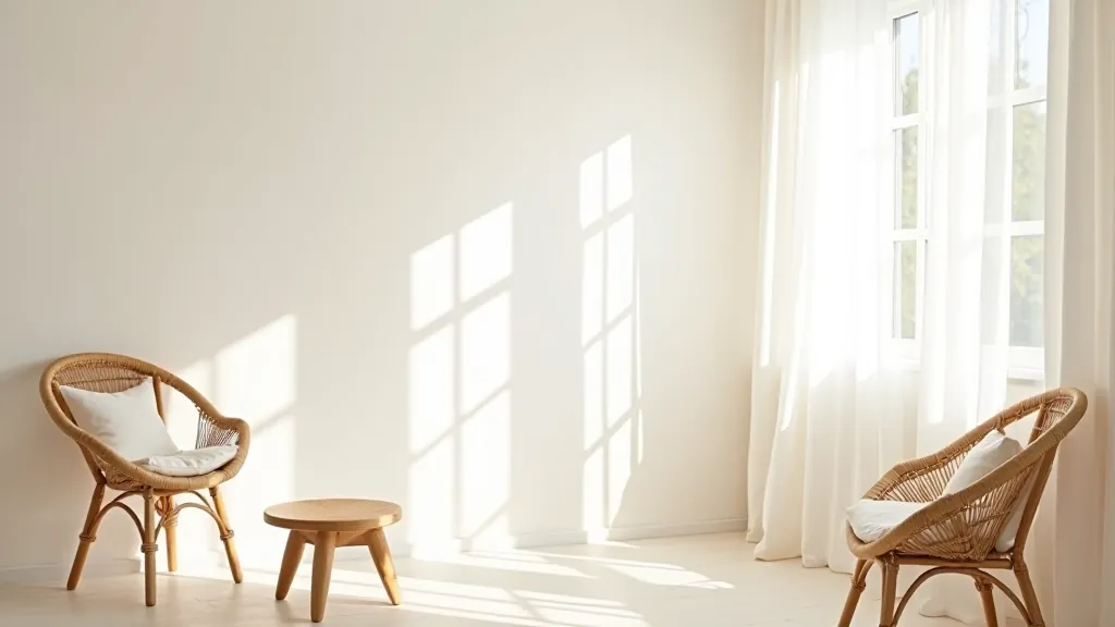 Summer living space with light linen curtains, wicker furniture, bright white walls, and minimal decor creating airy feel