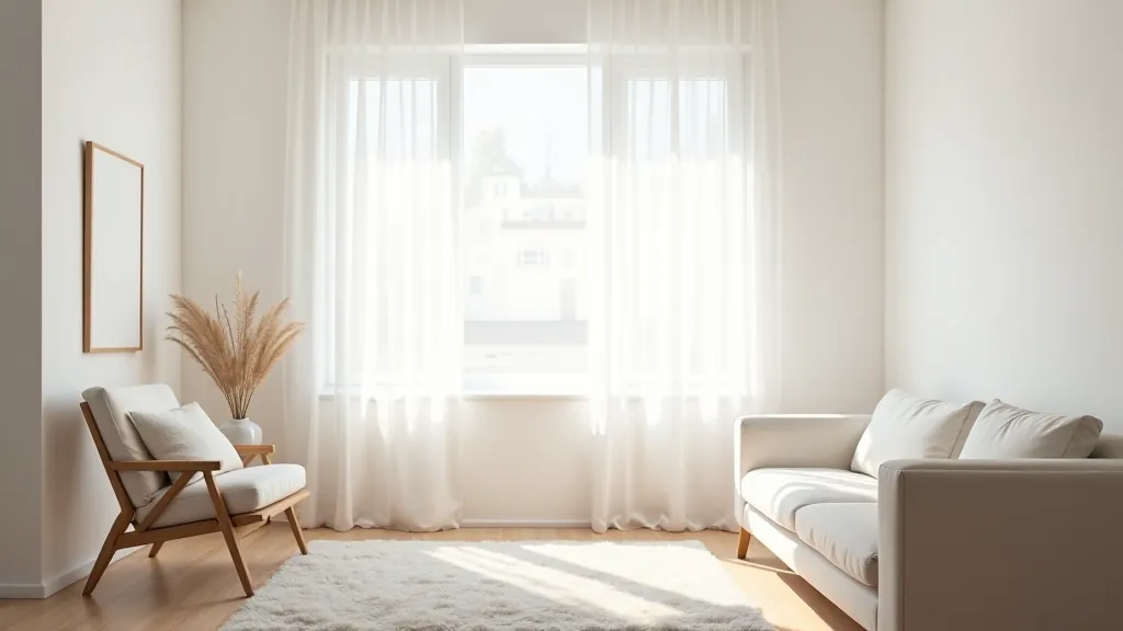 Bright living room with sheer curtains filtering sunlight, white walls, minimal furniture arrangement, natural light flooding through large window