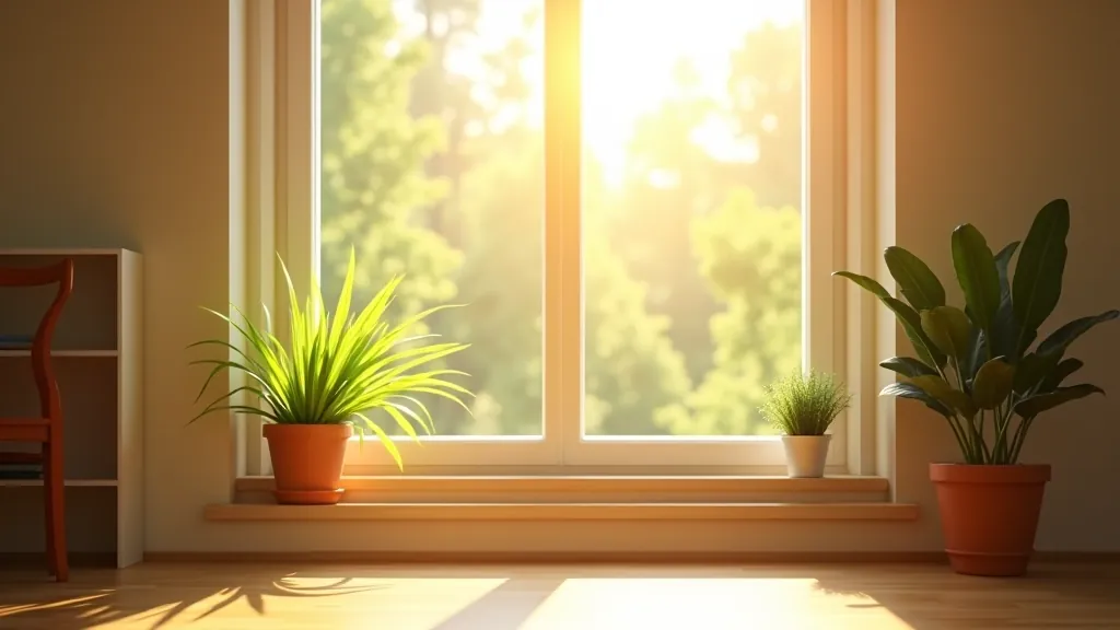 Sunny living room window with light streaming across wooden floor, green potted plants casting shadows