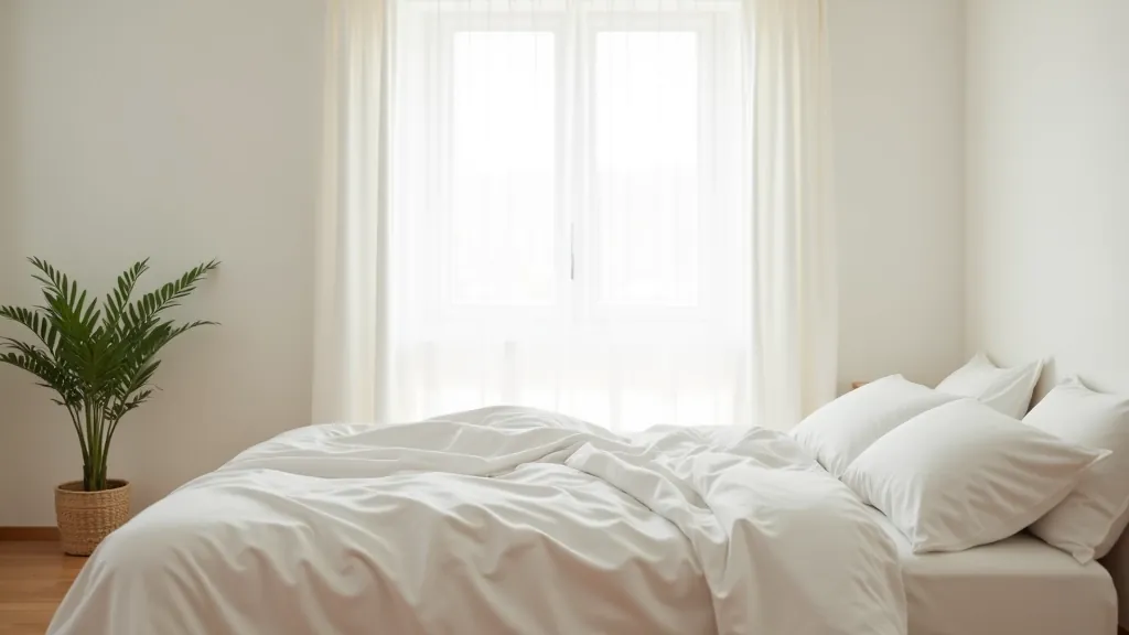 Minimalist summer bedroom with soft white bedding, natural light streaming through sheer curtains, potted plant on windowsill