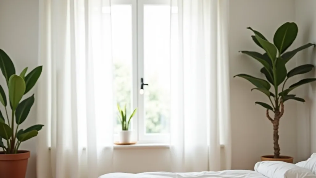 Window with sheer linen curtains, multiple potted plants on tiered shelving, soft natural light filling the room