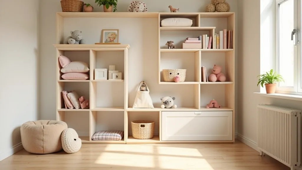 Organized children's bedroom with open shelving displaying folded clothes, minimal toys, clear floor space, natural light