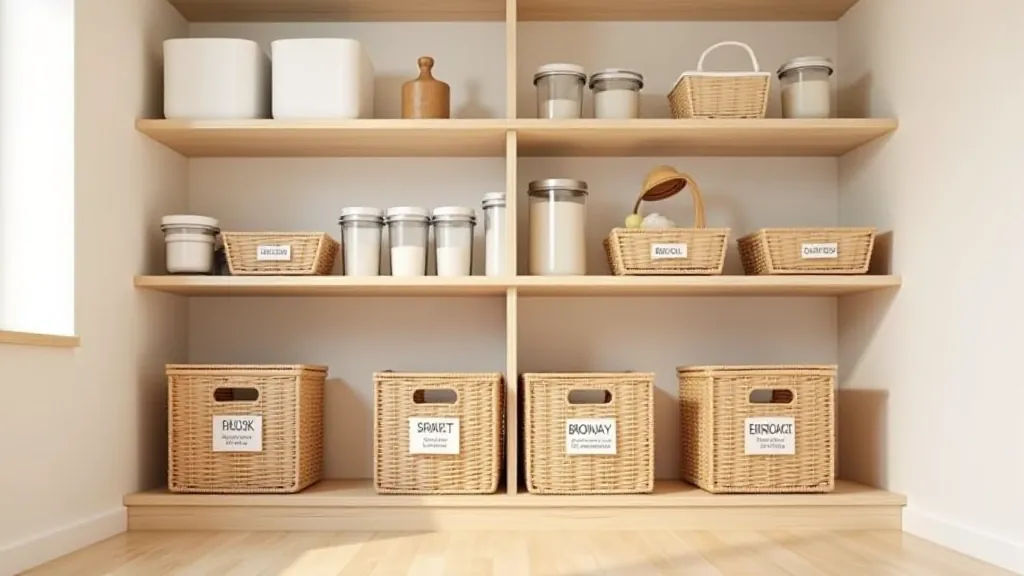 Organized storage solutions with wicker baskets, clear containers on shelves, labeled bins in clean room corner