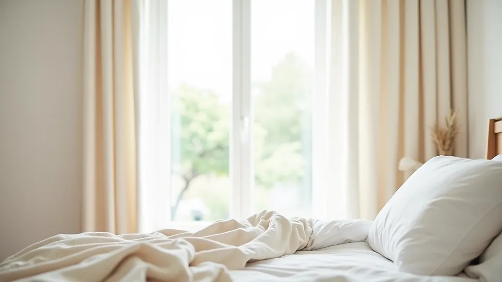 Summer bedroom with lightweight linen curtains, cotton bedding in white and cream, light textiles creating airy atmosphere