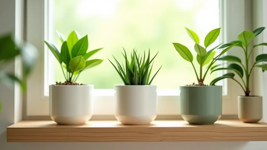 Pothos, snake plant, and ZZ plant in various ceramic pots arranged on white shelf in bright room